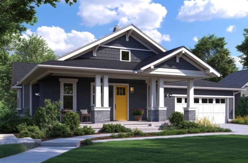 Modern craftsman-style home with dark gray siding, white trim, stone porch columns, and a bright yellow front door on a sunny day.